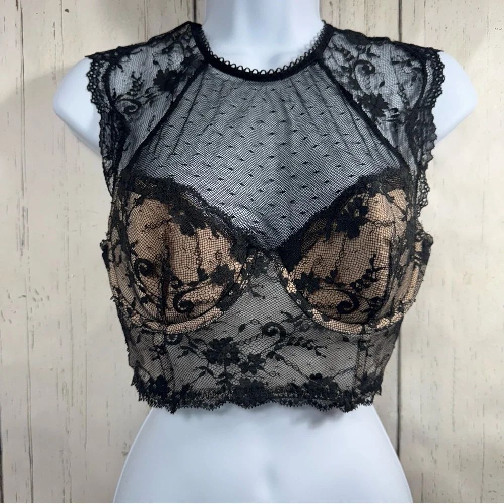 Victoria’s Secret Black Lace Sheer Longline Bra 34D Dream Angels Coquette